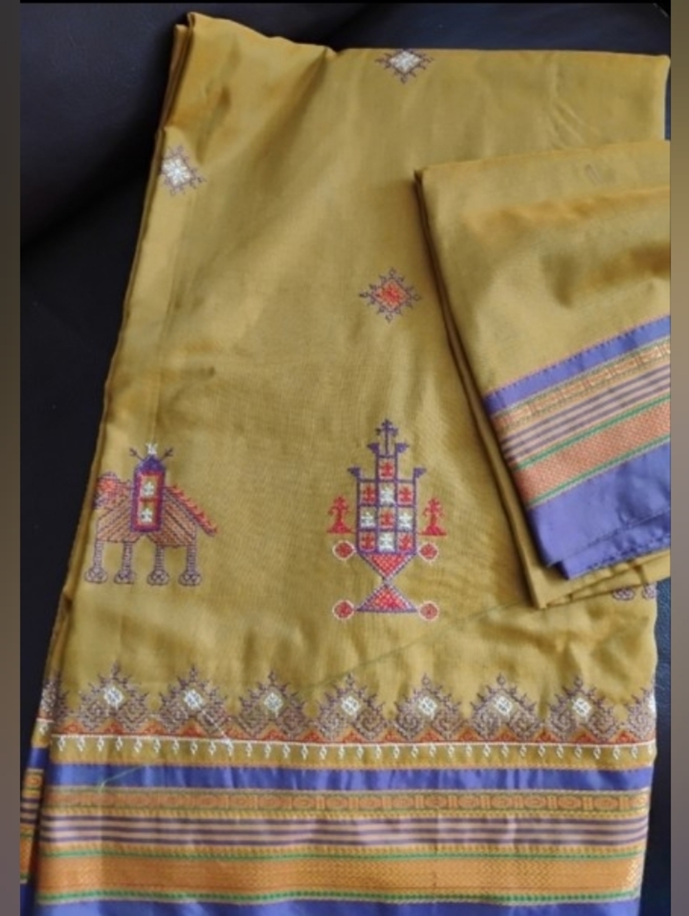 Mustard Yellow Embroidered Saree with Purple Border
